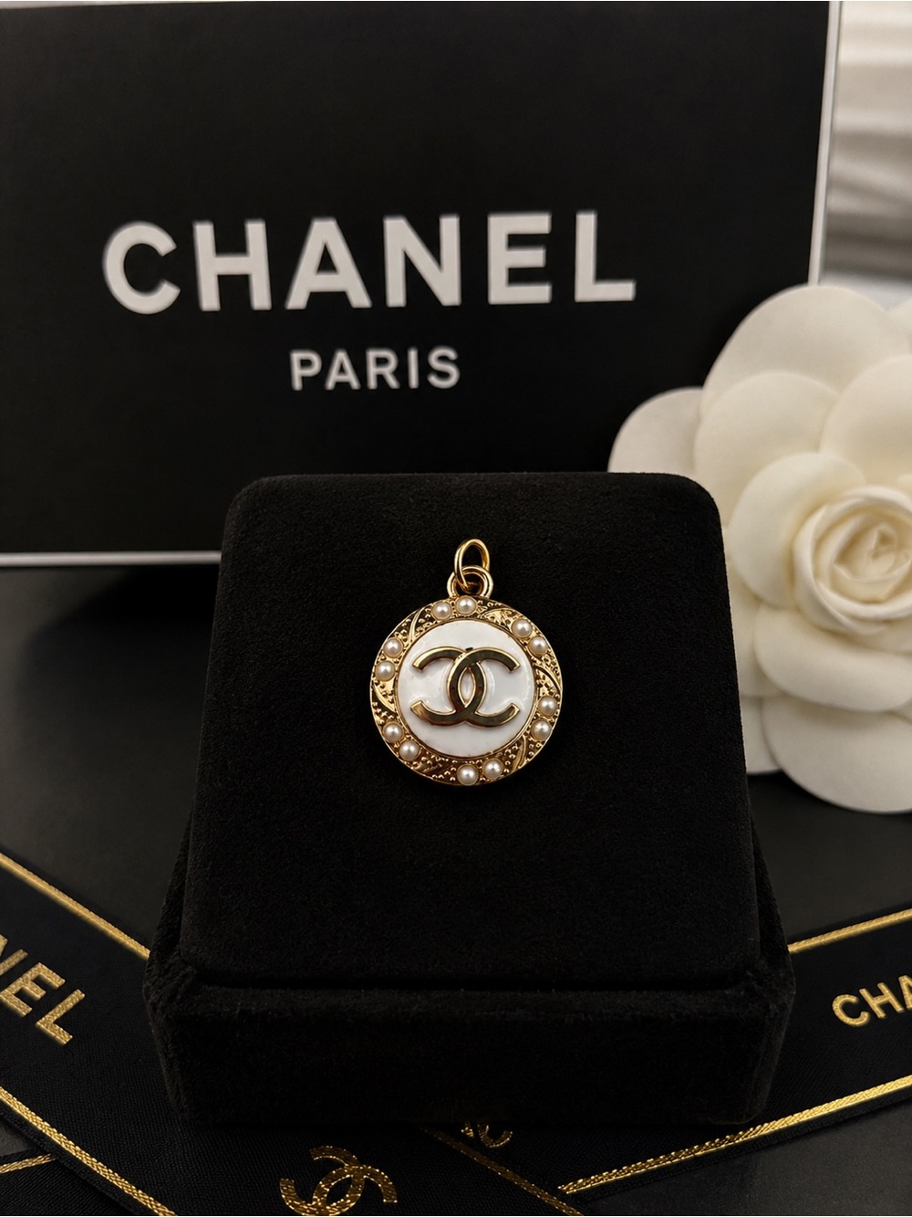 CHANEL stamped Gold & White CC Logo Pearl Accent Charm Pendant zipper pull
